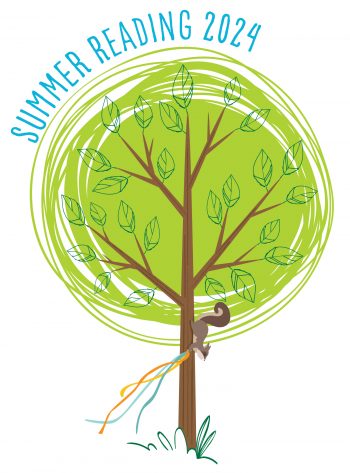 The Summer Reading logo is an illustration of a tree and a squirrel carrying ribbons.