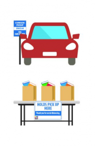 Curbside Pickup image of car and table with bags of books