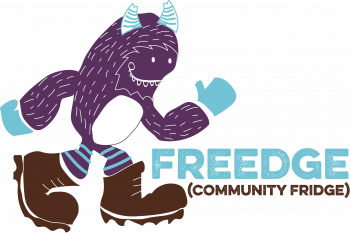 Cartoon of Sasquatch with words Freedge (community fridge)