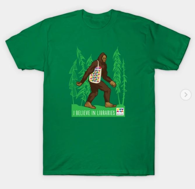 green t-shirt with sasquatch image