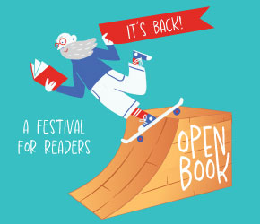 An illustration of an older man with a beard on a skateboard. Type announces the return of Open Book: A Festival for Readers