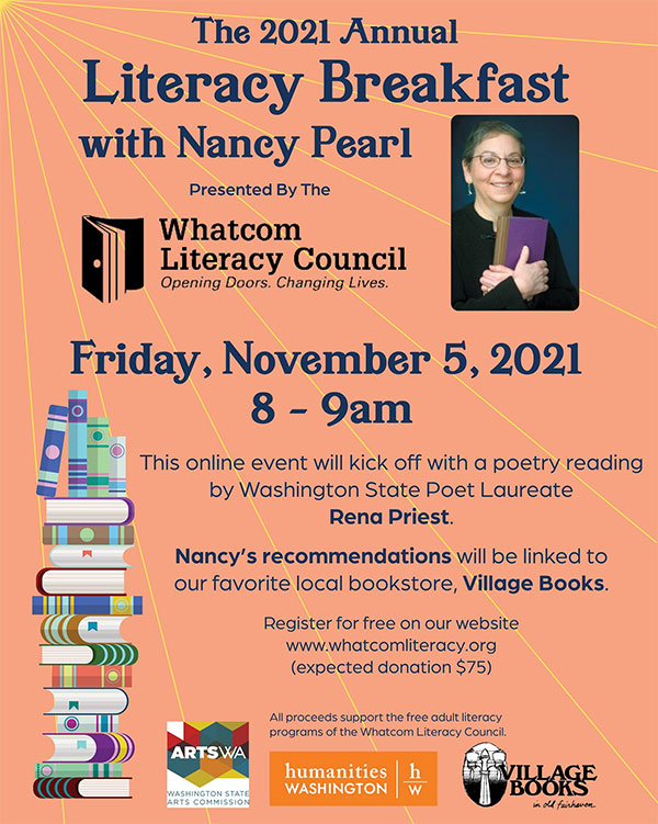 Poster for Whatcom Literacy Council Breakfast with Nancy Pearl