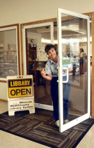 Sumas Library entrance with Penny Leenders